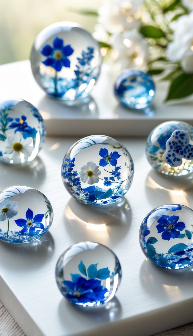 A collection of decorative resin paperweights containing embedded broken china pieces arranged on a wooden surface.